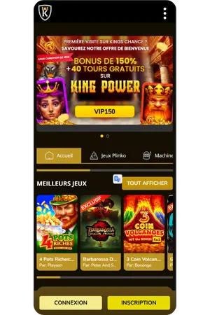 Kings Chance connexion App interface accueil navigation principale